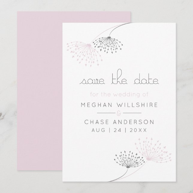 Simple Minimal Pink and Charcoal  Flowers Invitation (Front/Back)