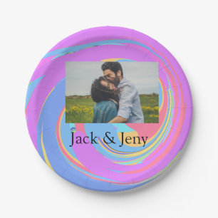 Simple minimal pink blue watercoloradd name photo paper plate