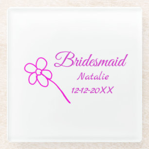 Simple minimal pink bridesmaid add name year text glass coaster