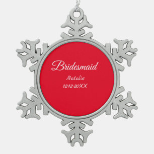 Simple minimal pink bridesmaid add name year text snowflake pewter christmas ornament