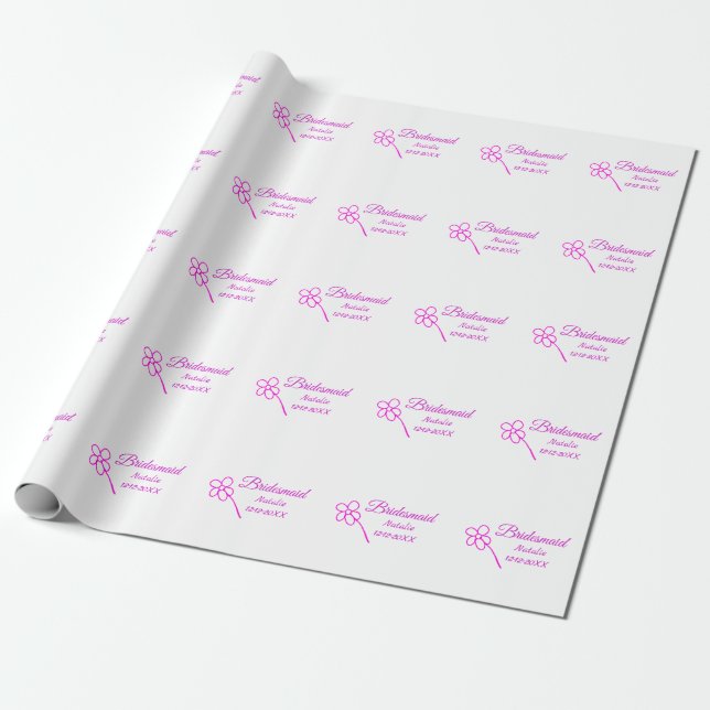 Simple minimal pink bridesmaid add name year text  wrapping paper (Unrolled)