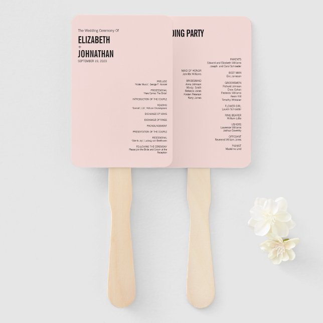 Simple & Minimal Pink Typography Wedding Program H Hand Fan (Front and Back)