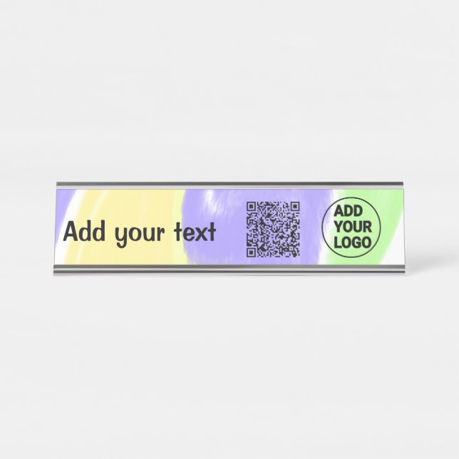 Simple minimal q r code add logo scan code name te desk name plate (Front)