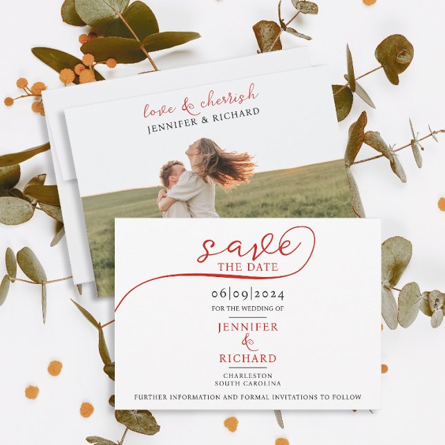 Simple Minimal Red Script With Photo White Wedding Save The Date (Creator Uploaded)