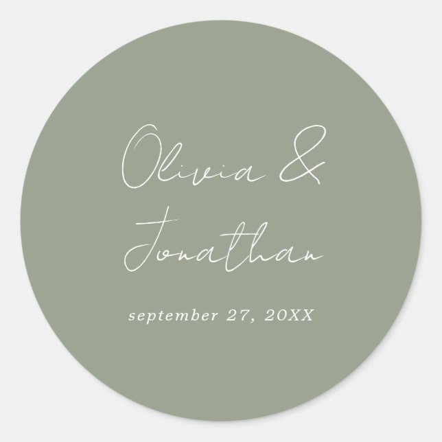 Simple Minimal Sage Green Script Wedding Classic Round Sticker (Front)