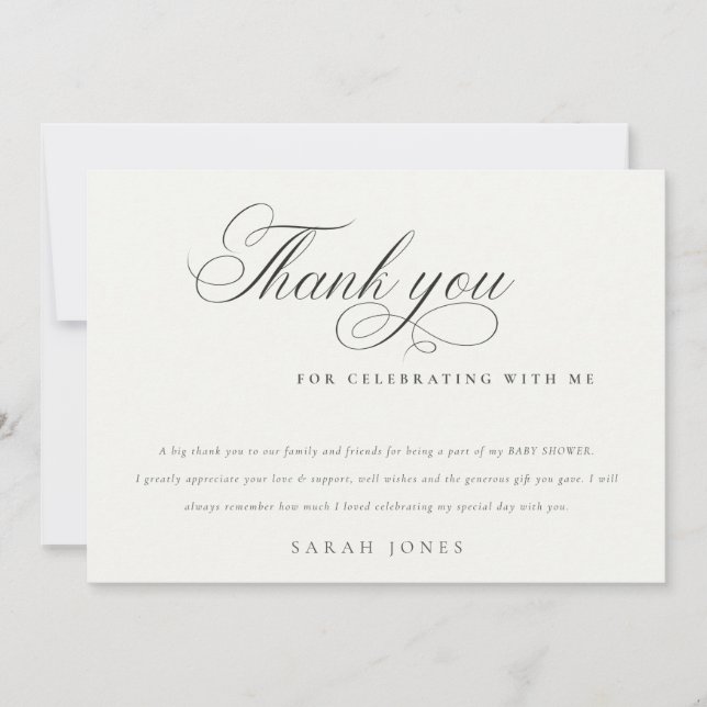 Simple Minimal Script Black White Baby Shower Thank You Card (Front)