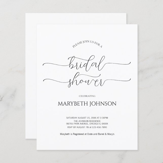 Simple Minimal Script Black & White Bridal Shower  (Front/Back)