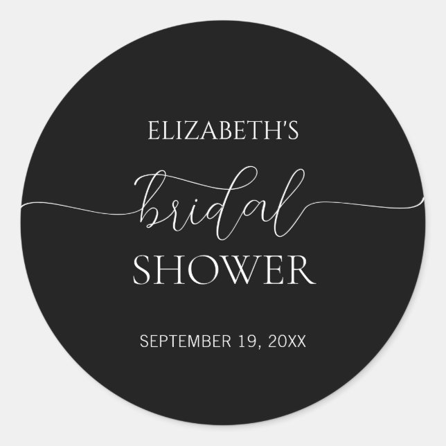 Simple Minimal Script Black & White Bridal Shower Classic Round Sticker (Front)