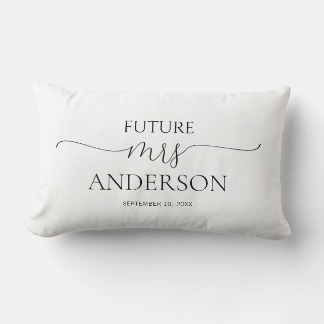 Simple Minimal Script Black & White Bridal Shower Lumbar Cushion (Front)