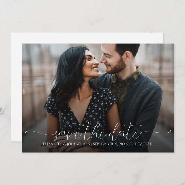 Simple Minimal Script Black & White Photo Wedding  Save The Date (Front/Back)