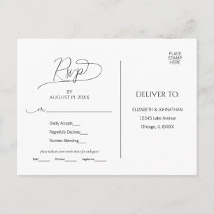 Simple Minimal Script Black & White Wedding RSVP P Postcard