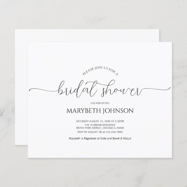 Simple Minimal Script Bridal Shower Invitation (Front/Back)