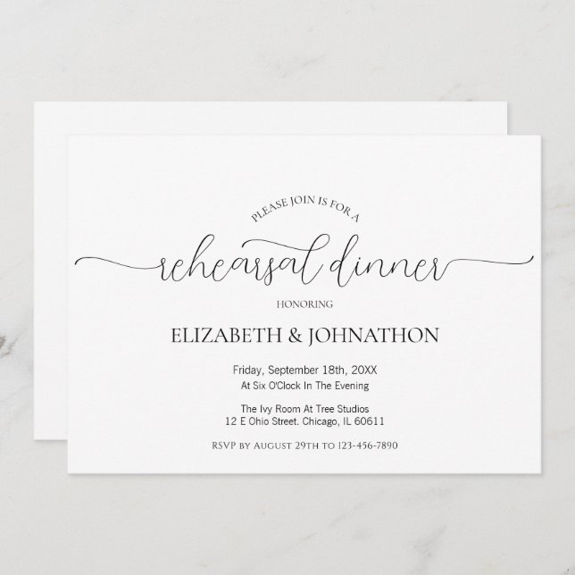 Simple Minimal Script Wedding Rehearsal Dinner Invitation (Front/Back)