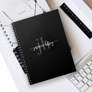 Simple Minimal Stylish Name and Initials Black Notebook