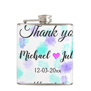 Simple minimal thank you couple name heart glitter hip flask