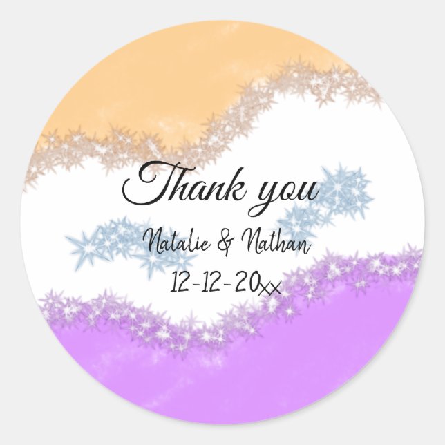 Simple minimal thank you couple name text date cus classic round sticker (Front)