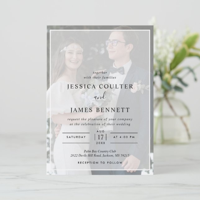 Simple Minimal Typography Vellum Photo Wedding Invitation (Standing Front)
