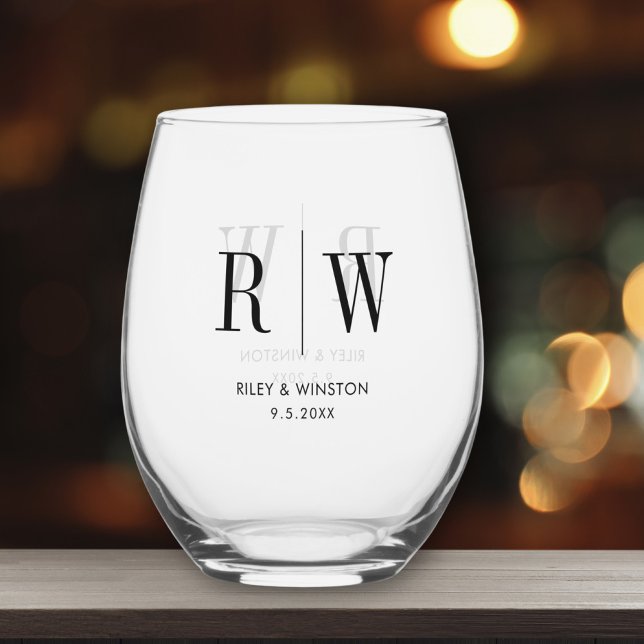 Simple Minimal Wedding Monogram Date Custom  Stemless Wine Glass (Creator Uploaded)