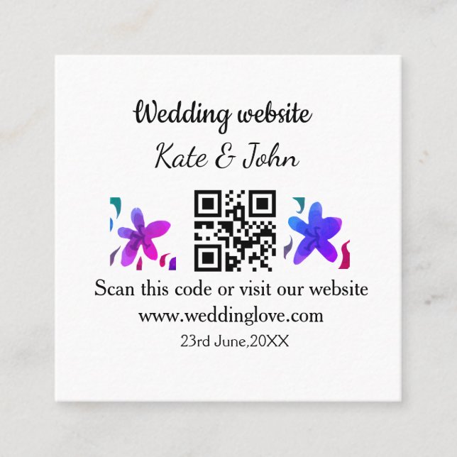 Simple minimal wedding website Q R code add name y Square Business Card (Front)