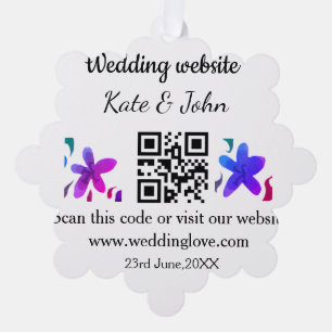 Simple minimal wedding website Q R code add name y Tree Decoration Card