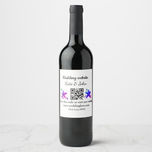 Simple minimal wedding website Q R code add name y Wine Label (Front)