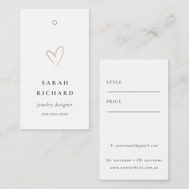 Simple Minimal White Blush Heart Price Tag Name (Front/Back)