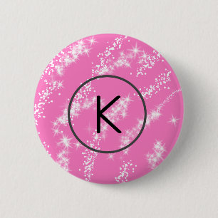 simple minimal white monogram pink glitter waterco 6 cm round badge