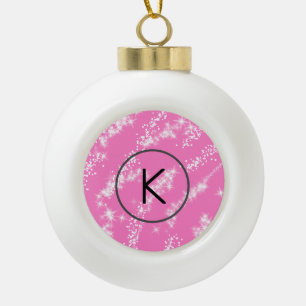 simple minimal white monogram pink glitter waterco ceramic ball christmas ornament