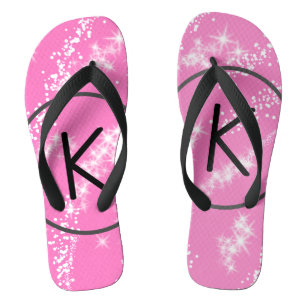simple minimal white monogram pink glitter waterco flip flops