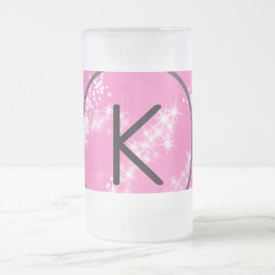 simple minimal white monogram pink glitter waterco frosted glass beer mug