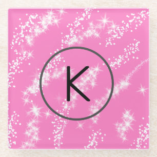 simple minimal white monogram pink glitter waterco glass coaster