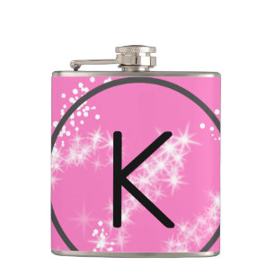 simple minimal white monogram pink glitter waterco hip flask