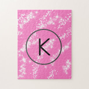 simple minimal white monogram pink glitter waterco jigsaw puzzle