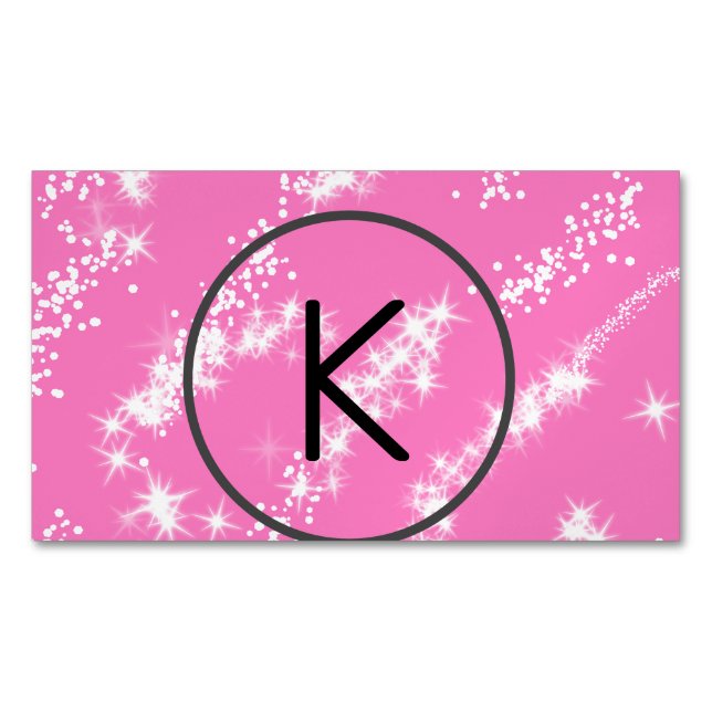 simple minimal white monogram pink glitter waterco 	Magnetic business card (Front)