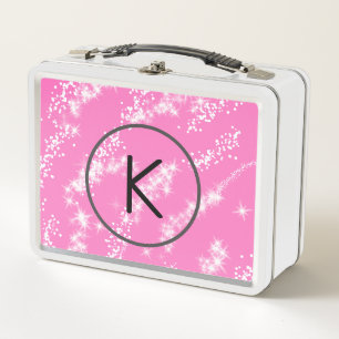 simple minimal white monogram pink glitter waterco metal lunch box