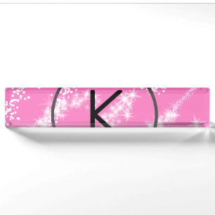 simple minimal white monogram pink glitter waterco nameplate