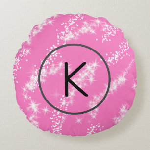 simple minimal white monogram pink glitter waterco round cushion