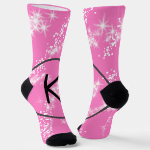 simple minimal white monogram pink glitter waterco socks