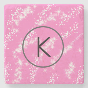 simple minimal white monogram pink glitter waterco stone coaster
