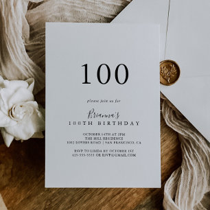 Simple Minimalist 100th Birthday Party Invitation