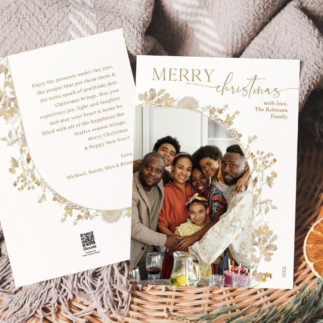 Simple Minimalist 1 Photo White Gold Christmas  Holiday Card (Creator Uploaded)