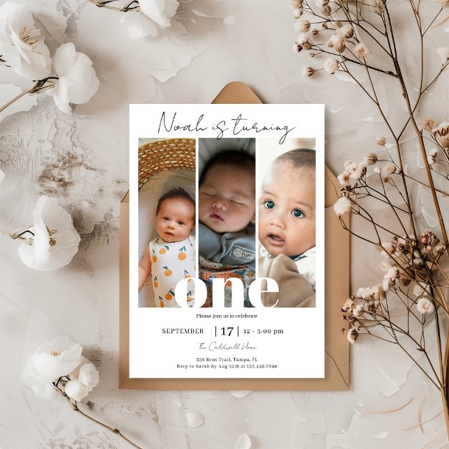 Simple Minimalist 1st Birthday Photo Collage  Invitation (Creator Uploaded)
