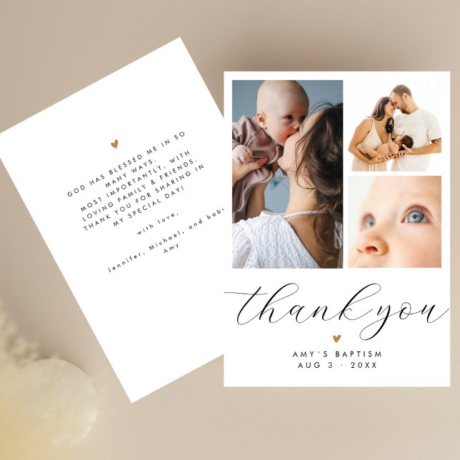 Simple Minimalist 3 Photo Collage Baptism Thank You Card (Creator Uploaded)