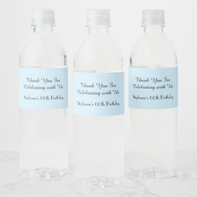 Simple Minimalist 60th Birthday Party Pale Blue Water Bottle Label (Bottles)