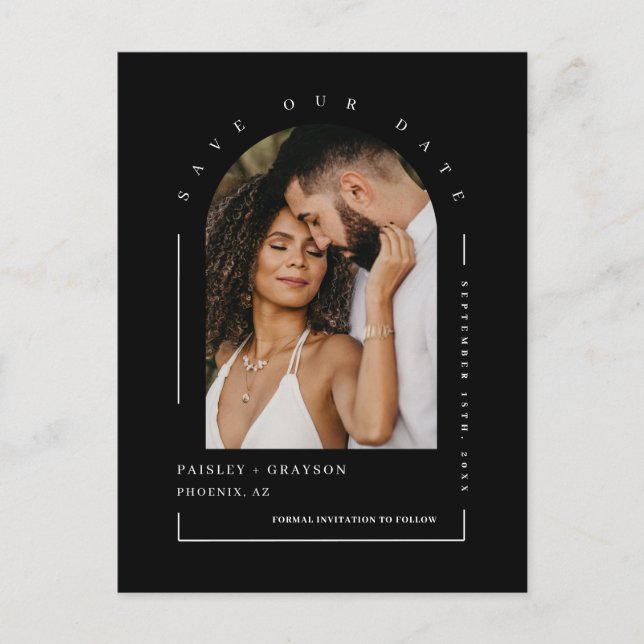 Simple Minimalist Arch Photo QR Code Save Our Date Postcard (Front)