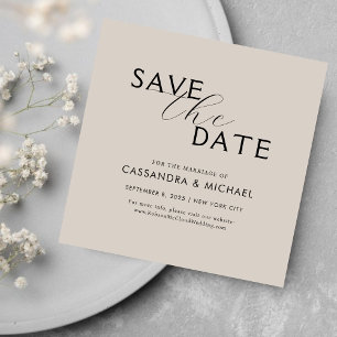 Simple Minimalist Beige & Black Script Wedding Save The Date