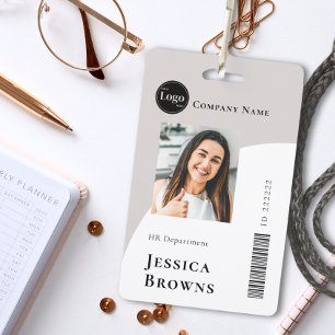 Simple Minimalist Beige Business Employee barcode ID Badge