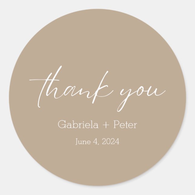 Simple Minimalist Beige Wedding Thank You Classic Round Sticker (Front)