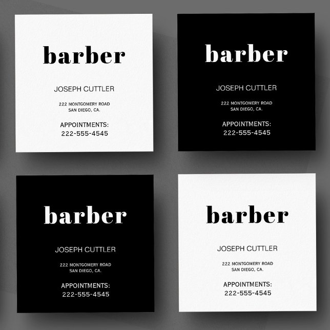 Simple minimalist black and white barber stylist square business card (Creator Uploaded)