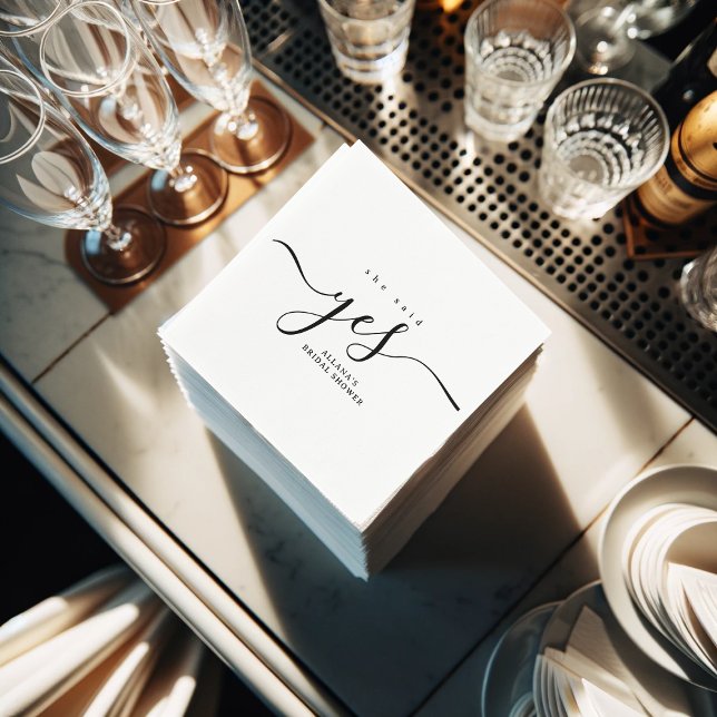 Simple Minimalist Black and White Bridal Shower Napkin (She said yes bridal shower napkins)